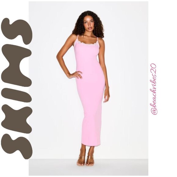 SKIMS Fits Everybody Lace Long Slip Dress Small Bubblegum NWT - Picture 1 of 7